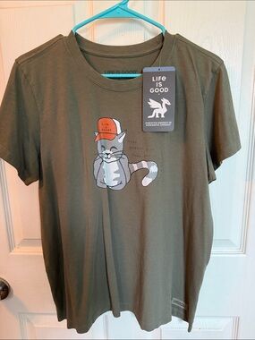 Life Is Good Olive Green Short Sleeve Tee with Cat Graphic and Orange Hat